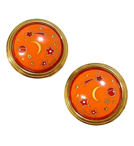 1990s Vintage HERMÈS Cloisonné Round Earrings | Orange Stars, Moon & Saturn Motif | Space-Themed Enamel | Classic Clip-On Jewelry. 071121y2