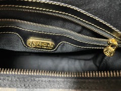 Vintage Fendi black and gray pecan stripe speedy style duffle bag, handbag purse with black leather trimmings. Fendi classic bag. 060824m1