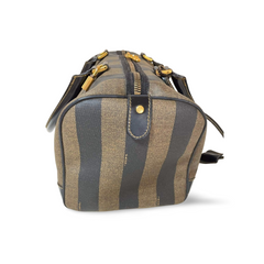 Vintage Fendi black and gray pecan stripe speedy style duffle bag, handbag purse with black leather trimmings. Fendi classic bag. 060824m1