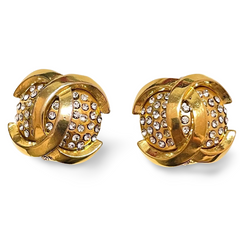 Vintage CHANEL gold tone round earrings with crystal stones and 3D CC mark. 061210ac1