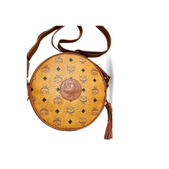 Vintage MCM brown monogram round shape Suzy Wong shoulder bag with leather trimmings. Designed by Michael Cromer. 06521ac2