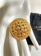 Vintage Celine golden brooch in apple pie design. Round pin brooch with logo. Great vintage gift. 050923ya