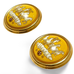 Vintage Hermes cloisonne enamel golden round earrings with prince and carriage, horse design in yellow. The Little Prince. 070107ac3