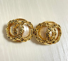 Vintage CHANEL large golden faux pearl CC earrings with mini coco marks.  So hot and gorgeous. 050817ys3