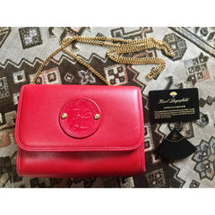 Vintage Karl Lagerfeld mini red clutch shoulder bag with round logo motif. Rare and beautiful purse. 050406r9