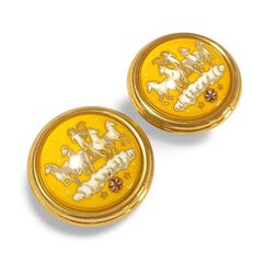 Vintage Hermes cloisonne enamel golden round earrings with prince and carriage, horse design in yellow. The Little Prince. 070107ac3