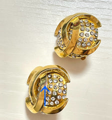 Vintage CHANEL gold tone round earrings with crystal stones and 3D CC mark. 061210ac1