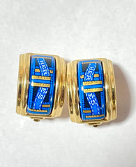 Vintage Hermes cloisonne, enamel golden earrings with blue Hermes ribbon design. 070107ac4