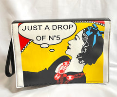 Vintage CHANEL patent enamel clutch bag, wristlet in mademoiselle portrait, Just a drop of Number 5, in black, yellow, and red.  050907rk1