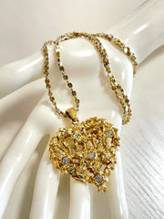 Vintage Yves Saint Laurent golden chain long statement necklace with arabesque heart and crystal pendant top. 050803y3