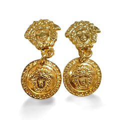 Vintage Gianni Versace gold tone medusa face motif dangle earrings. Must have Lady Gaga style jewelry piece. Great gift. 060715m1