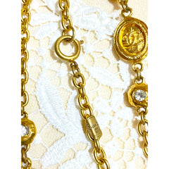 Vintage CHANEL chain and crystal glass necklace with medal CC mark charms. Can wear in double and triple. 0411211