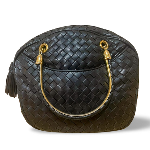 Vintage Bottega Veneta black intrecciato woven leather handbag with metal combo handles and a tassel. Rare masterpiece. 070822y1