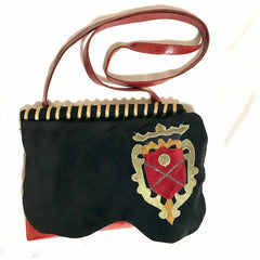 Vintage Carlos Falchi black and red leather book design messenger shoulder bag with emblem embroidery. 0602063