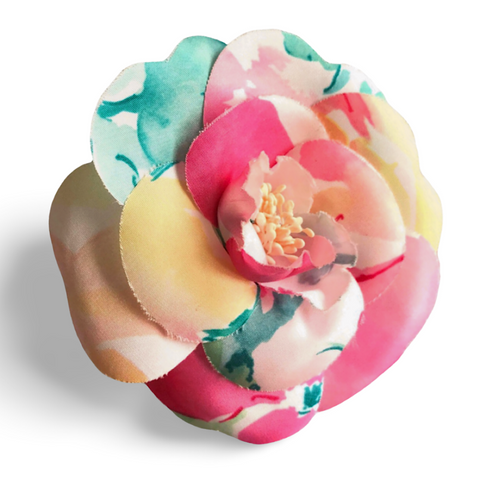 Vintage CHANEL colorful, watercolor print silk camellia flower brooch pin. Very chic and cute. Chanel iconic flower jewelry. 050323re5