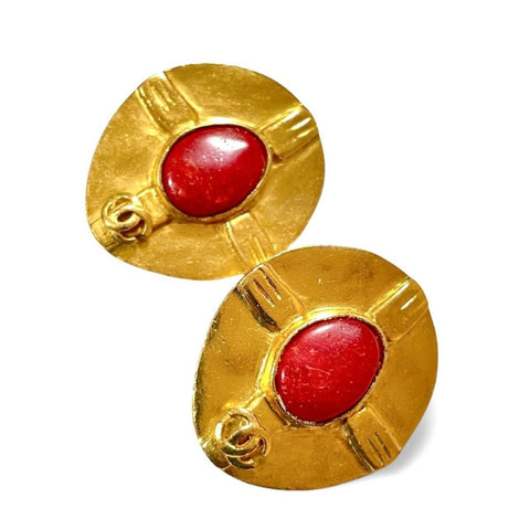 Vintage CHANEL oval golden earrings with red stone and CC mark. Large statement jewelry. Masterpiece jewelry. 060229ya