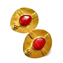 Vintage CHANEL oval golden earrings with red stone and CC mark. Large statement jewelry. Masterpiece jewelry. 060229ya