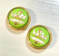 1990s Vintage HERMÈS Cloisonné Round Earrings | Lime Green Little Prince Motif | Prince, Carriage & Stars | Classic Enamel Jewelry. 071121y3