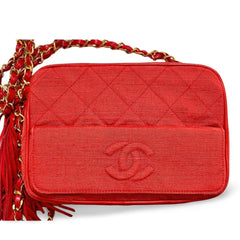Vintage CHANEL red woven canvas camera bag style shoulder bag with a tassel and CC mark. Rare masterpiece. 060130ac5