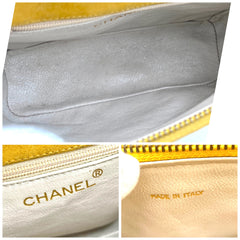 Vintage CHANEL yellow suede leather chain shoulder bag with CC tassel in lunchbox shape. 060910ac1