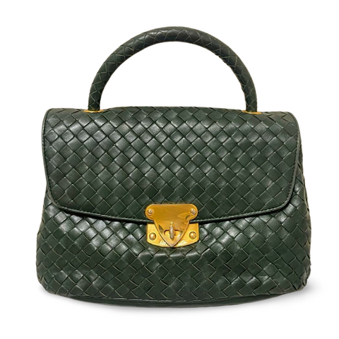 Vintage Bottega Veneta dark green intrecciato woven leather handbag. Rare masterpiece. 070324ac
