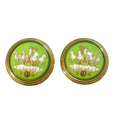 1990s Vintage HERMÈS Cloisonné Round Earrings | Lime Green Little Prince Motif | Prince, Carriage & Stars | Classic Enamel Jewelry. 071121y3