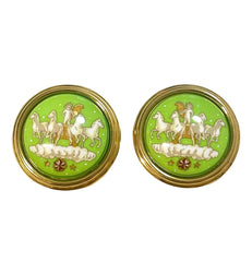 1990s Vintage HERMÈS Cloisonné Round Earrings | Lime Green Little Prince Motif | Prince, Carriage & Stars | Classic Enamel Jewelry. 071121y3