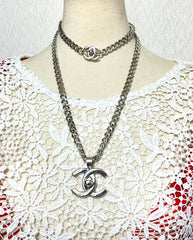 Vintage Chanel turn lock CC silver chain necklace. Double turn lock CC mark long necklace. 051003ac