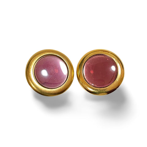 Vintage Yves Saint Laurent golden round earrings with pink gripoix glass. 060227ac1