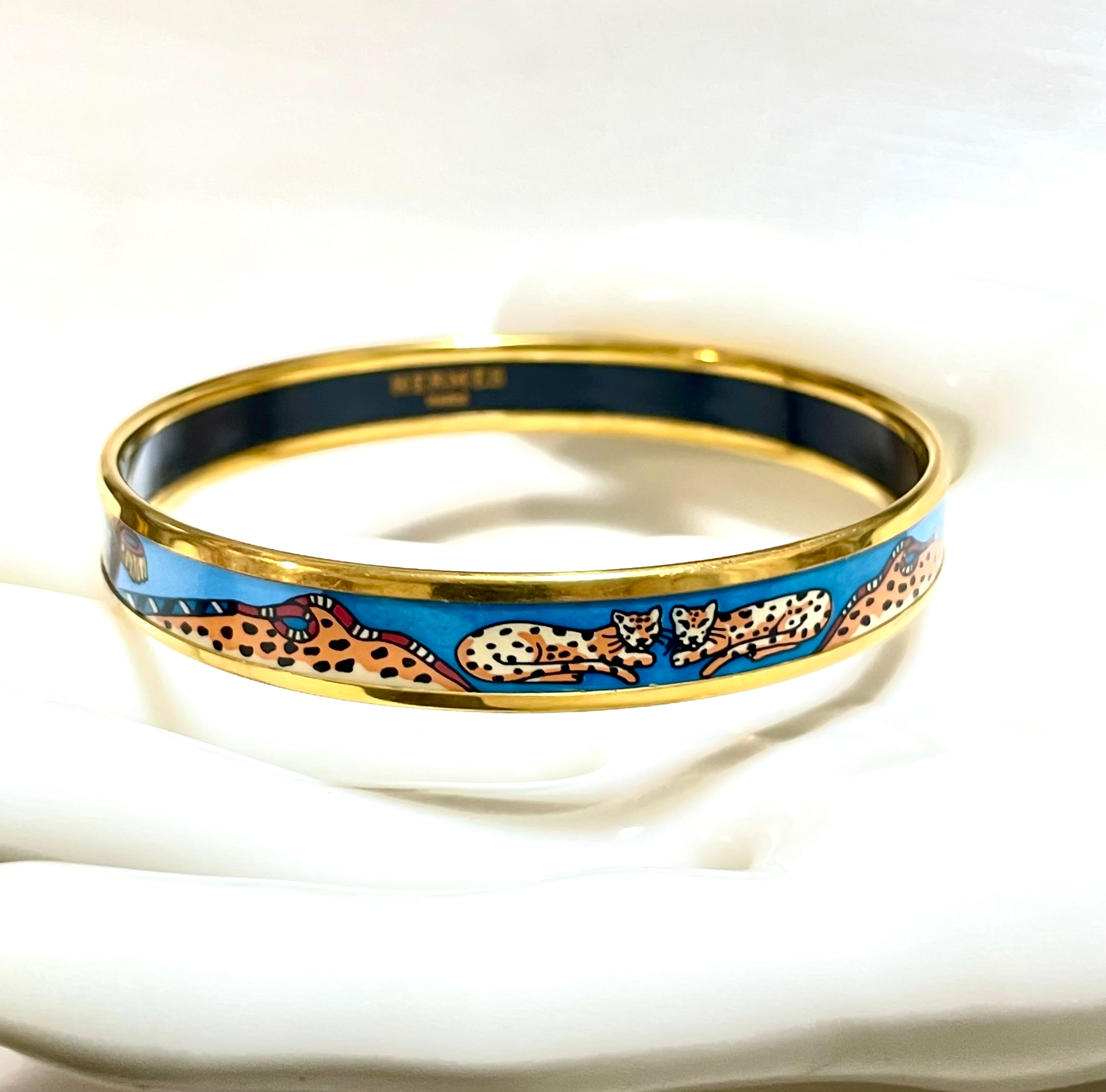 Vintage Hermes gold and blue cloisonne enamel bangle with Jaguar couple. CIRCUS. Made in Austria. Cheetah, panther. 070128ac8