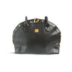 Vintage MCM black grained leather bolide type handbag with golden logo studs. Designed by Michael Cromer. Nature collection. 060620re4