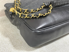 Vintage CHANEL taupe grey canvas and lambskin shoulder tote bag with gold tone chain straps and a CC ball charm. 070125ap2