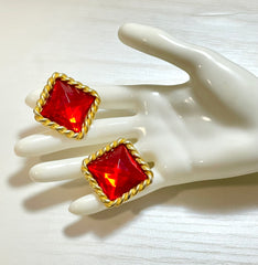 Vintage Celine pyramid cut stud design red gripoix earrings with square golden twisted frames. Gorgeous statement jewelry. 070128ac2