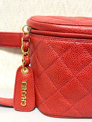 Vintage CHANEL red caviar leather waist bag, fanny pack purse with a matching leather belt and logo charm pull. 26” thru 28”. 070819ac2