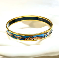 Vintage Hermes gold and blue cloisonne enamel bangle with Jaguar couple. CIRCUS. Made in Austria. Cheetah, panther. 070128ac8