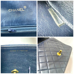 80's vintage Chanel dark navy lambskin 2.55 classic shoulder bag with gold chain and turn lock cc closure. Unique oval red edges. 051205ac4