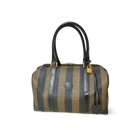 Vintage Fendi black and gray pecan stripe speedy style duffle bag, handbag purse with black leather trimmings. Fendi classic bag. 060824m1