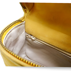 Vintage CHANEL yellow suede leather chain shoulder bag with CC tassel in lunchbox shape. 060910ac1