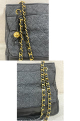 Vintage CHANEL taupe grey canvas and lambskin shoulder tote bag with gold tone chain straps and a CC ball charm. 070125ap2