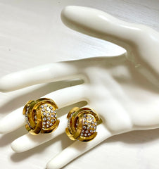 Vintage CHANEL gold tone round earrings with crystal stones and 3D CC mark. 061210ac1