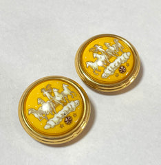 Vintage Hermes cloisonne enamel golden round earrings with prince and carriage, horse design in yellow. The Little Prince. 070107ac3