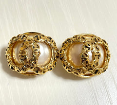 Vintage CHANEL large golden faux pearl CC earrings with mini coco marks.  So hot and gorgeous. 050817ys3