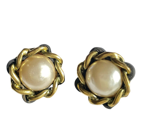 Vintage CHANEL earrings with chain and black leather frame. Perfect Chanel jewelry. 041205bs5