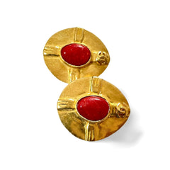 Vintage CHANEL oval golden earrings with red stone and CC mark. Large statement jewelry. Masterpiece jewelry. 060229ya