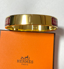 Vintage Hermes cloisonne enamel golden click and clack Flacon bangle with red and blue rabbit and fox design. 070107ac6