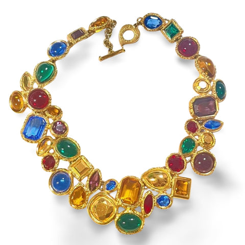 1990s Yves Saint Laurent Gripoix Statement Necklace – Multicolor Glass Gems, Heart Motif, Made in France, Rare Couture Bijoux. 071125ac1
