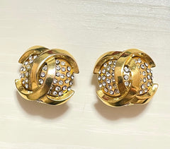 Vintage CHANEL gold tone round earrings with crystal stones and 3D CC mark. 061210ac1