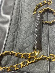 Vintage CHANEL taupe grey canvas and lambskin shoulder tote bag with gold tone chain straps and a CC ball charm. 070125ap2