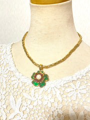 Vintage CHANEL green and red gripoix flower top statement necklace with faux pearl. Gorgeous statement vintage jewelry. 060625ac1