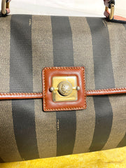 Vintage FENDI pecan stripe large handbag, purse with brown leather trimming and gold tone closure, Fendi classic bag. 070819ac1